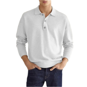 Men’s White V-Neck Long-Sleeved Polo Shirt – Timeless Business Casual Elegance