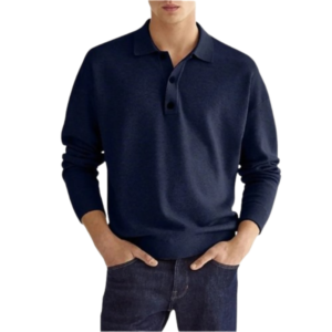 Men’s Navy Blue V-Neck Long-Sleeved Polo Shirt – Timeless Business Casual Elegance
