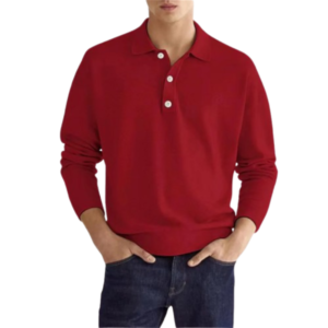 Men’s Wine Red V-Neck Long-Sleeved Polo Shirt – Refined Old Money Elegance