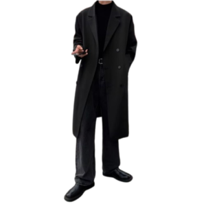 Men’s Black Double-Breasted Over-the-Knee Trench Coat – Timeless Autumn Elegance
