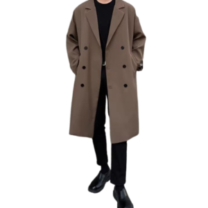 Men’s Coffee Double-Breasted Over-the-Knee Trench Coat – Classic Old Money Style