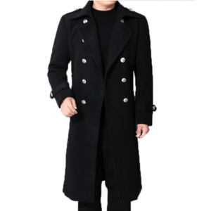 Men’s Long Woolen Double-Breasted Trench Coat – Timeless Winter Elegance