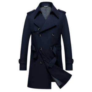 Men’s Navy Blue Double-Breasted Belted Windbreaker – Timeless British Elegance