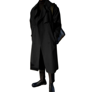 Men’s Black Spring Trench Coat – Korean Fashion Long Windbreaker Overcoat