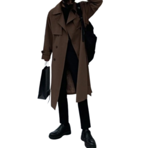 Men’s Coffee Spring Trench Coat – Korean Fashion Long Windbreaker Overcoat