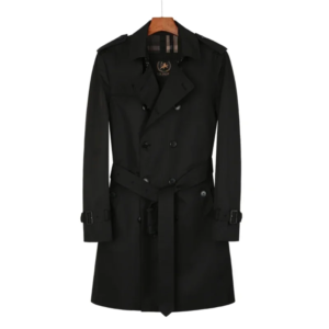Men’s Black Double Rainproof Long Windbreaker – British Gentleman Trench Coat with Gabardine Wool Liner