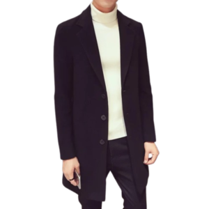 2024 Fashion Men’s Black Wool & Blends Trench Coat – Casual Business Overcoat with Punk Style