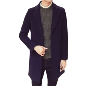 2024 Fashion Men’s Navy Blue Wool & Blends Trench Coat – Casual Business Overcoat with Punk Style