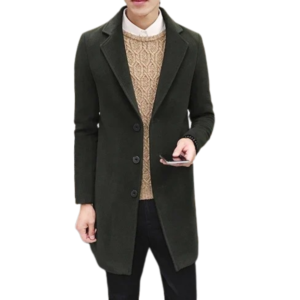 2024 Fashion Men’s Army Green Wool & Blends Trench Coat – Casual Business Overcoat with Punk Style