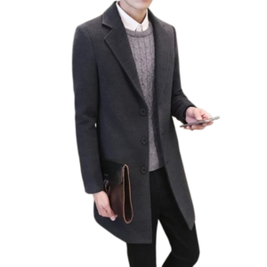 2024 Fashion Men’s Dark Gray Wool & Blends Trench Coat – Casual Business Overcoat with Punk Style