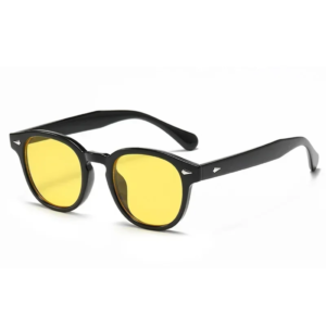 2024 Retro Round Sunglasses – Black Frame & Yellow Lens with Rivet Details & UV400 Protection