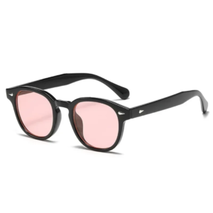 2024 Retro Round Sunglasses – Black Frame & Pink Lens with Rivet Details & UV400 Protection