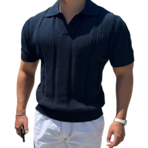 Men’s Dark Blue Knitted Mesh Polo Shirt – Timeless Old Money Elegance