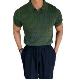 Men’s Green Jacquard Knit Polo Shirt – Timeless Old Money Summer Style