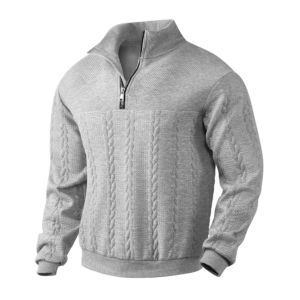 Men’s Gray Henley Collar Knitted Sweater – Classic Old Money Elegance
