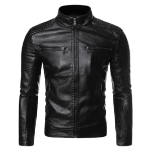 Men’s Stand Collar PU Leather Jacket – Striped Double Zipper Motorcycle Coat with Pockets for Spring & Autumn