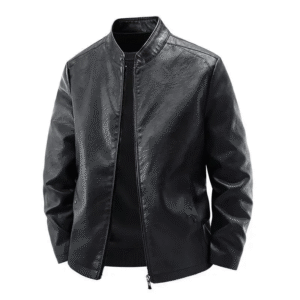 Men’s Motorcycle Leather Jacket – Slim Fit Stand Collar Solid Color Biker Coat for Spring & Autumn