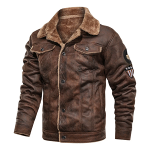 Men’s Leather Bomber Jacket – Winter High Street Turn-Down Collar Single-Breasted Plush Coat