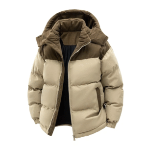 Men’s Winter Down Jacket – Contrast Color Patchwork Thick Warm Zipper Coat with Detachable Hood